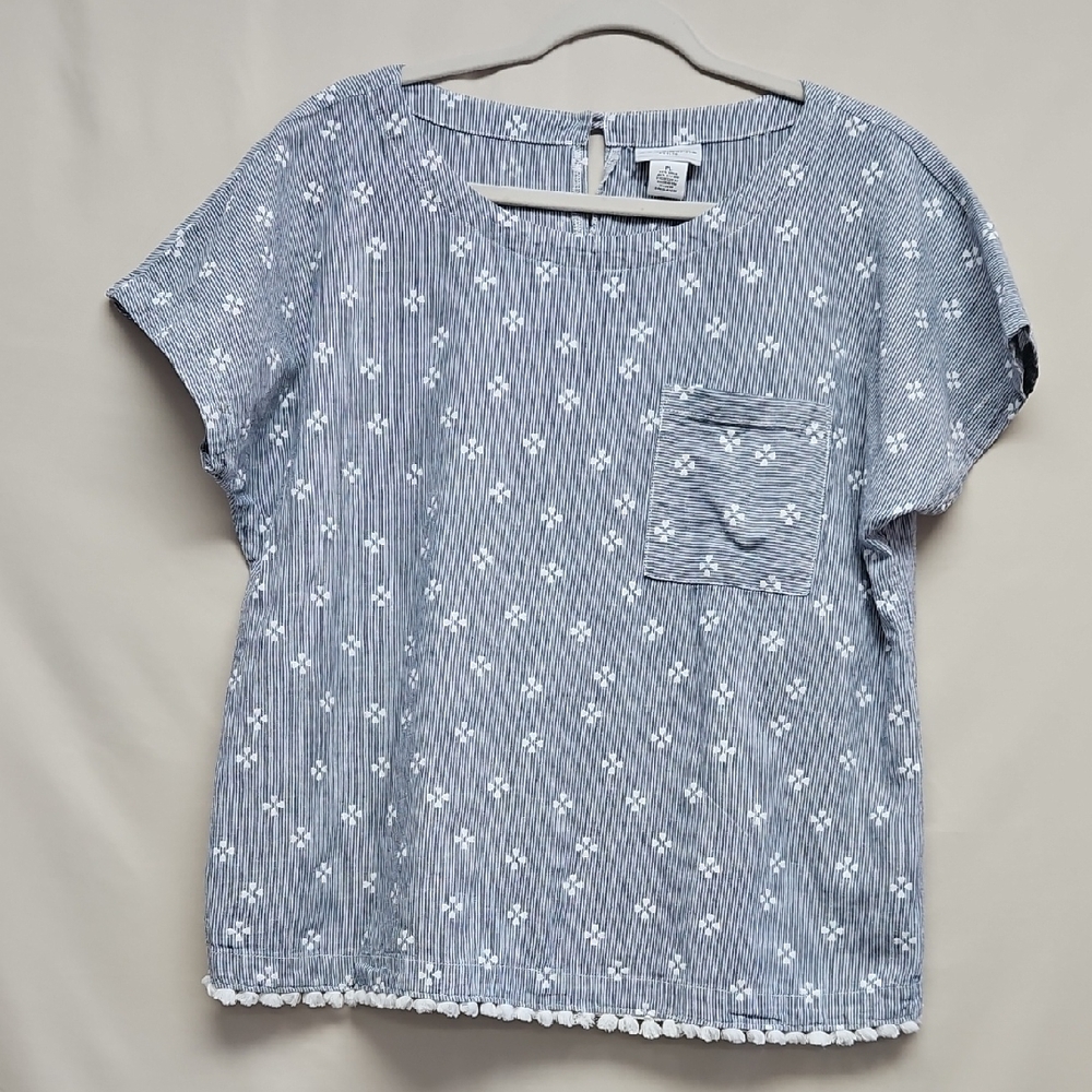 Liz Claiborne Petite Blue Striped Eyelet Embroidered Top with Pom-Pom Trim PL